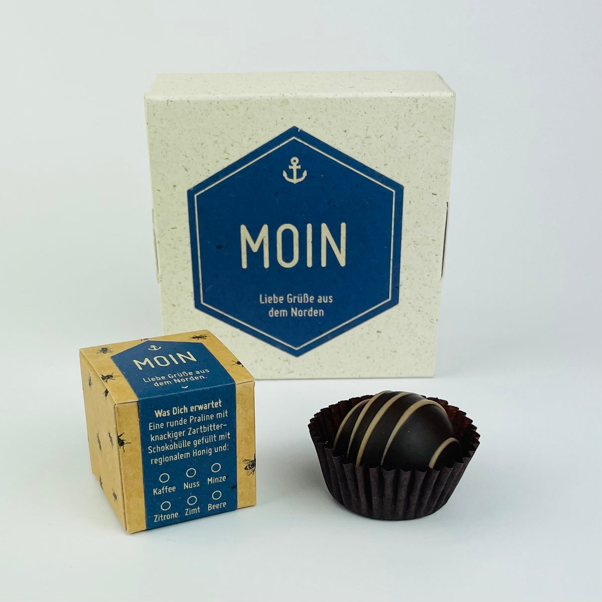 Honigpralinen mit Botschaft Moin mit Anker