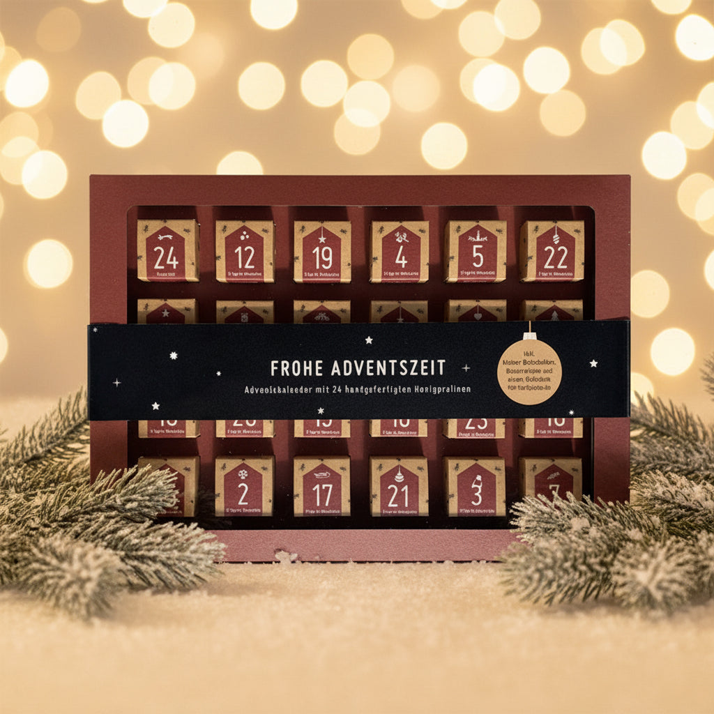 Honigpralinen Adventskalender Pralinen mit weihnachtlichem Hintergrund 