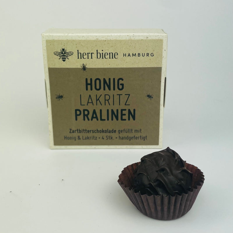 Vier Honigpralinen Lakritz mit Zartbitterschokolade in Geschenkverpackung