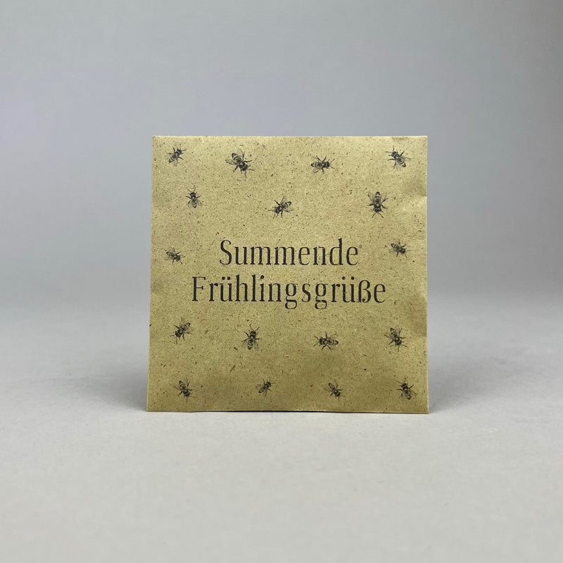 Saattüte mit Blumensaat und Botschaft Summende Frühlingsgrüße